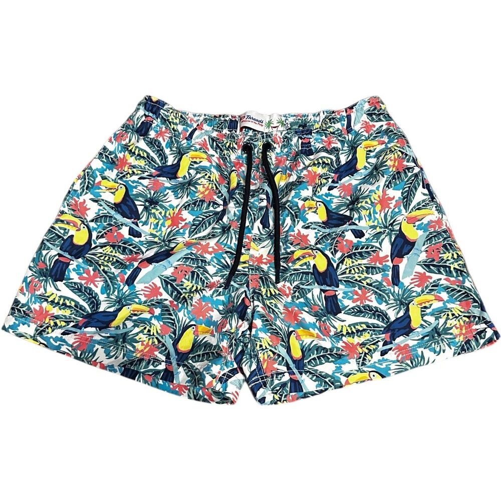 YP Threads Australia Mens Swim Shorts Sz 32 Tropical Colorful Birds Palm Trees